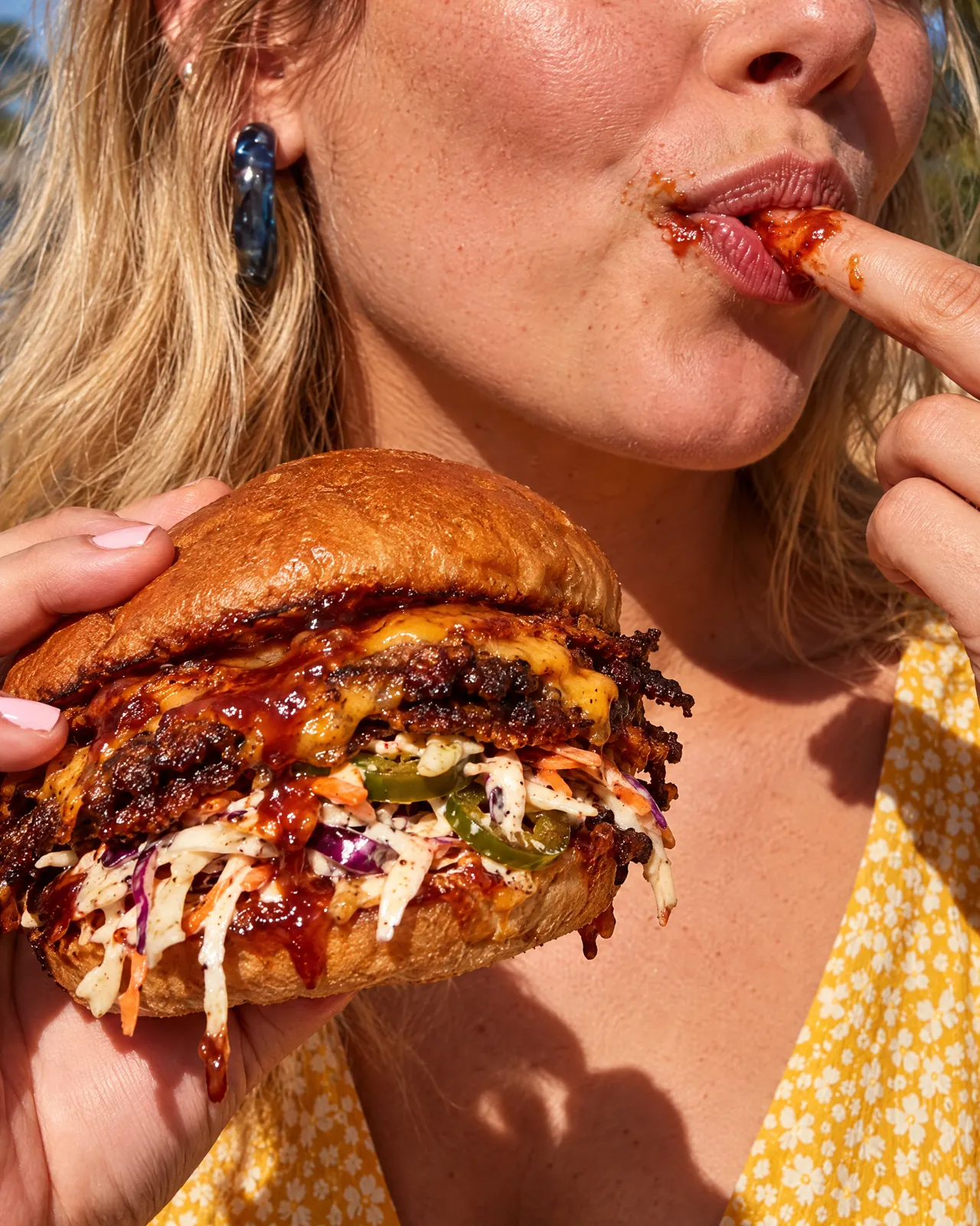 A saucy burger bite, made with AI