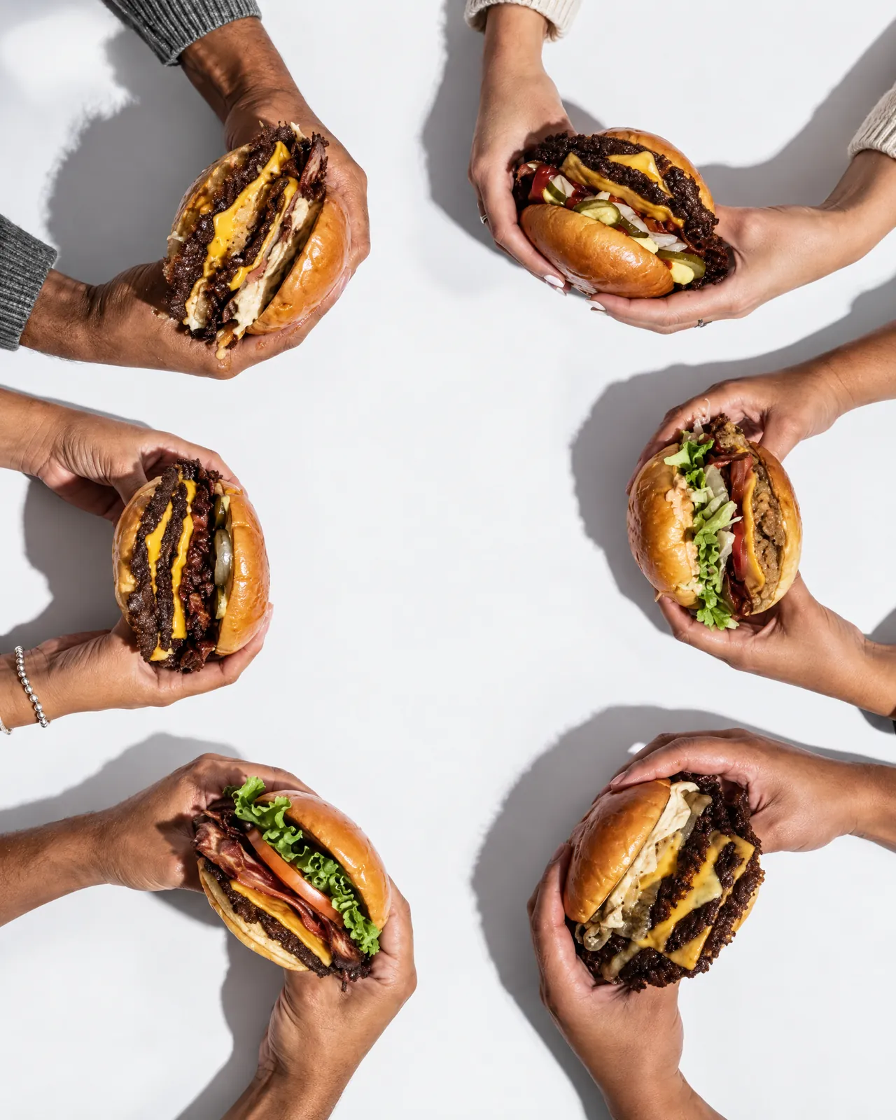 Seven hands hold burgers in a ring, made with AI